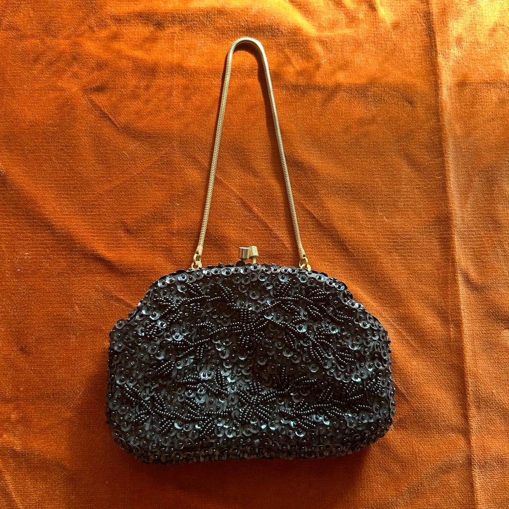 Antique Vintage Black Beaded Clutch Handbag Sequins Gold Hardware Art Deco bag